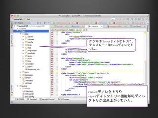 クラスはClassesディレクトリに、
テンプレートはViewsディレクト
リに。
classesディレクトリや
viewsディレクトリに機能毎のディレ
クトリが出来上がっていく。
 