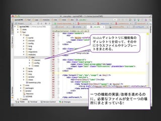 Moduleディレクトリに機能毎の
ディレクトリを切って、その中
にクラスファイルやテンプレー
トをまとめる。
一つの機能の実装/改修を進めるの
に、必要なファイルが全て一つの場
所にまとまっている!!
 