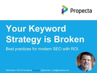 Your Keyword 
Strategy is Broken 
Best practices for modern SEO with ROI. 
Nate Dame, CEO & Founder at Propecta | @seonate | nate@propecta.com 
 