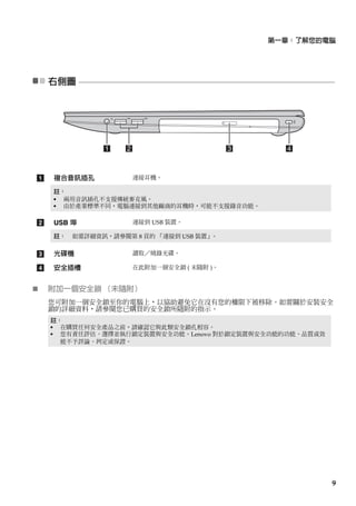 第一章：了解您的電腦 
右側圖 -- -- -- -- - -- -- -- -- -- - -- -- -- -- -- - -- -- -- -- -- - -- -- -- -- - -- -- -- -- -- - - - -- -- -- -- - -- -- -- -- -- - -- -- -- -- -- - -- -- -- -- -- - -- -- -- -- - -- -- -- -- -- - - - -- 
9 
1 2 3 4 
複合音訊插孔連接耳機。 
註： 
• 兩用音訊插孔不支援傳統麥克風。 
• 由於產業標準不同，電腦連接到其他廠商的耳機時，可能不支援錄音功能。 
USB 埠連接到 USB 裝置。 
註： 如需詳細資訊，請參閱第8 頁的「連接到 USB 裝置」。 
光碟機讀取／燒錄光碟。 
安全插槽在此附加一個安全鎖 ( 未隨附)。 
 附加一個安全鎖（未隨附） 
您可附加一個安全鎖至你的電腦上，以協助避免它在沒有您的權限下被移除。如需關於安裝安全 
鎖的詳細資料，請參閱您已購買的安全鎖所隨附的指示。 
註： 
• 在購買任何安全產品之前，請確認它與此類安全鎖孔相容。 
• 您有責任評估、選擇並執行鎖定裝置與安全功能。Lenovo 對於鎖定裝置與安全功能的功能、品質或效 
能不予評論、判定或保證。 
a 
b 
c 
d 
 