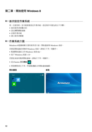 第二章：開始使用 Windows 8 
12 
首次設定作業系統 -- -- -- -- -- - -- -- -- -- -- - -- -- -- -- - -- -- -- -- -- - -- -- -- -- -- - -- -- -- -- -- - -- -- -- -- -- - -- -- -- -- -- - -- -- -- -- - -- -- -- -- 
第一次使用時，您可能需要設定作業系統。設定程序可能包括以下步驟： 
• 接受使用者授權合約 
• 設定網際網路連線 
• 註冊作業系統 
• 建立使用者帳號 
作業系統介面 - -- -- -- -- - -- -- -- -- -- - -- -- -- -- -- - -- -- -- -- - -- -- -- -- -- - -- -- -- -- -- - -- -- -- -- -- - -- -- -- -- -- - -- -- -- -- -- - -- -- -- -- - -- -- -- -- 
Windows 8 配備兩種主要的使用者介面：開始畫面與 Windows 桌面。 
若要從開始畫面切換到 Windows 桌面，請執行下列一項動作： 
• 點選開始畫面上的 Windows 桌面 tile。 
• 按下 Windows 按鈕 + D。 
若要從桌面切換到開始畫面，請執行下列一項動作： 
• 從 Charms 選取開始 。 
• 將指標移到左下角，然後點選顯示的開始畫面縮圖。 
開始畫面桌面 
 