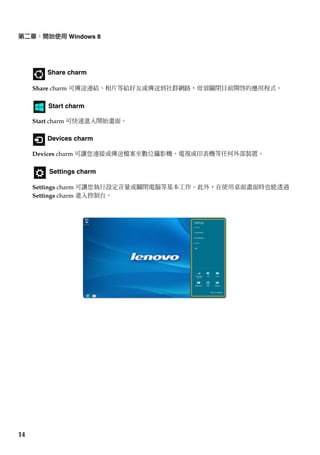 第二章：開始使用 Windows 8 
14 
Share charm 
Share charm 可傳送連結、相片等給好友或傳送到社群網路，毋須關閉目前開啟的應用程式。 
Start charm 
Start charm 可快速進入開始畫面。 
Devices charm 
Devices charm 可讓您連接或傳送檔案至數位攝影機、電視或印表機等任何外部裝置。 
Settings charm 
Settings charm 可讓您執行設定音量或關閉電腦等基本工作。此外，在使用桌面畫面時也能透過 
Settings charm 進入控制台。 
 