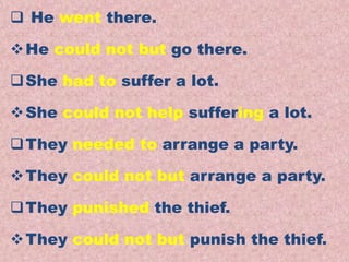 Examples
Transformations of Sentences
A. Affirmative to Negative.
 He went there.
He could not but go there.
She had to suffer a lot.
She could not help suffering a lot.
They needed to arrange a party.
They could not but arrange a party.
They punished the thief.
They could not but punish the thief.
 