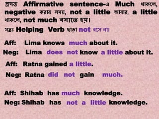Note:14
Transformations of Sentences
A. Affirmative to Negative.
প্রদ্ত্ত Affirmative sentence-এ Much থোকয়ে,
negative করোর সম , not a little আবোর, a little
থোকয়ে, not much িসাকত হি।
মন্ত্রঃ Helping Verb ছোড়ো not বয়স নো।
Lima about it.a littleknowdoes notNeg:
didRatnaNeg:
Ratna gained a little.Aff:
not gain much.
Aff: Shihab has much knowledge.
Neg: Shihab has not a little knowledge.
Aff: Lima knows much about it.
 