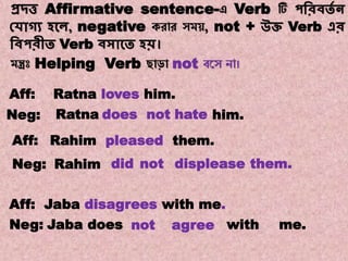 Note:16
Transformations of Sentences
A. Affirmative to Negative.
প্রদ্ত্ত Affirmative sentence-এ Verb টি পবরিতে ন
কোগ্য হকে, negative করোর সম , not + উি Verb এর
বিপরীত Verb িসাকত হি।
মন্ত্রঃ Helping Verb ছোড়ো not বয়স নো।
Ratna him.hatedoes notNeg:
didRahimNeg:
Rahim pleased them.Aff:
not displease them.
Aff: Jaba disagrees with me.
Neg: Jaba does not agree
Aff: Ratna loves him.
with me.
 