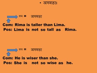 সমতা-অসমতাাঃ
• অসমোাঃ
Com: Rima is taller than Lima.
Pos: Lima is not so tall as Rima.
কম = অসমো
Com: He is wiser than she.
Pos: She not so wise as he.
কম = অসমো
is
 
