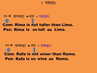 সমতা-অসমতাাঃ
• সমোাঃ
Com: Rima is not taller than Lima.
Pos: Rima is
+
tall as Lima.
কম = অসমো
so
েয় = সমতাঃ
Com: Rafa is not wiser than Rama.
Pos: Rafa is wise as Rama.
কম = অসমো
so
েয় সমতাঃ=+
 