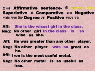 Note:19
Transformations of Sentences
A. Affirmative to Negative.
প্রদ্ত্ত Affirmative sentence- টি আকোয়ের নন য়ম
Superlative বো Comparative হয়ে Negative
করোর সম উক্ত Degree যক Positive করয়ে হ ।
No other
wise
isgirlNeg:
He was greater than any other player.Aff:
Aff: Iron is the most useful metal.
Neg:
Aff: She is the wisest girl in the class.
In the class so
as she.
No other aswasplayerNeg: so
he.
great
No other metal is so useful as
iron.
 
