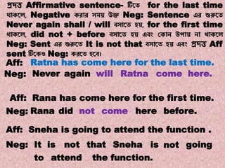 Note:22
Transformations of Sentences
A. Affirmative to Negative.
প্রদ্ত্ত Affirmative sentence- টিয়ে for the last time
থোকয়ে, Negative করোর সম উক্ত Neg: Sentence এর শুরুয়ে
Never again shall / will বসোয়ে হ , for the first time
থোকয়ে, did not + before বসোয়ে হ এবং যকোন উপো নো থোকয়ে
Neg: Sent এর শুরুয়ে It is not that বসোয়ে হ এবং প্রদ্ত্ত Aff
sent টিয়কও Neg: করয়ে হয়ব।
Never RatnaagainNeg:
Rana has come here for the first time.Aff:
Aff: Sneha is going to attend the function .
Neg:
Aff:
will come
Rana herenotdidNeg: come
It is is going
Ratna has come here for the last time.
to
here.
before.
not that Sneha not
attend the function.
 