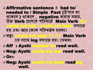 Note:5
A. Affirmative to Negative.
Affirmative sentence এ had to/
needed to / Simple Past (উপাি না
থাককে ) থাককে , negative করার সমি,
উি Verb গুকোর পবরিকতে Main Verb পূকিে,
could not but / could not help িসাকত
হি এিং আর ককান পবরিতে ন হিনা।
মন্ত্রঃ could not help এর পর Main Verb
এর সাকথ ing িসাকত হি। কেমনঃ
Aff : Ayshi needed to read well.
Neg: Ayshi could not but read well.
Or:-
Neg: Ayshi could not help reading
well.
 