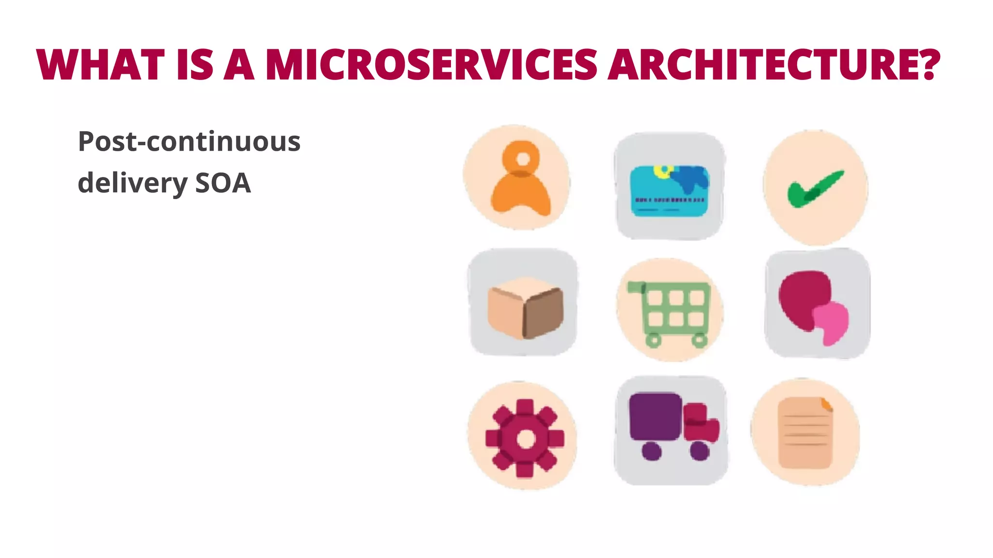 WHAT IS A MICROSERVICES ARCHITECTURE? 
Post-continuous 
delivery SOA 
 