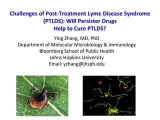 Challenges of Post-Treatment Lyme Disease Syndrome
(PTLDS): Will Persister Drugs
Help to Cure PTLDS?
Ying Zhang, MD, PhD
Department of Molecular Microbiology & Immunology
Bloomberg School of Public Health
Johns Hopkins University
Email: yzhang@jhsph.edu
 