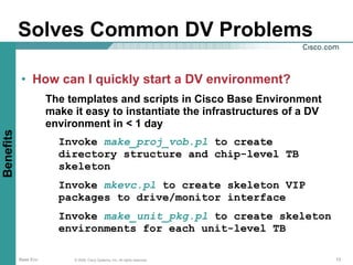 Solves Common DV Problems

           • How can I quickly start a DV environment?
                      The templates and scripts in Cisco Base Environment
                      make it easy to instantiate the infrastructures of a DV
                      environment in < 1 day
Benefits




                        Invoke make_proj_vob.pl to create
                        directory structure and chip-level TB
                        skeleton
                        Invoke mkevc.pl to create skeleton VIP
                        packages to drive/monitor interface
                        Invoke make_unit_pkg.pl to create skeleton
                        environments for each unit-level TB

           Base Env        © 2006, Cisco Systems, Inc. All rights reserved.     13
 