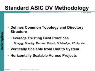 Standard ASIC DV Methodology


                 • Defines Common Topology and Directory
                   Structure
Description




                 • Leverage Existing Best Practices
                         Shaggy, Scooby, Marmot, Cobalt, GoldenEye, XChip, etc…

                 • Vertically Scalable from Unit to System
                 • Horizontally Scalable Across Projects


              Base Env       © 2006, Cisco Systems, Inc. All rights reserved.     5
 