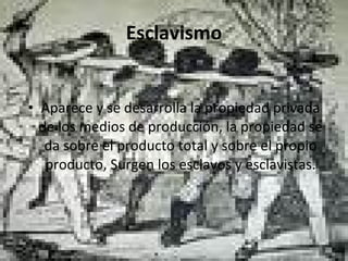 Esclavismo Aparece y se desarrolla la propiedad privada de los medios de producción, la propiedad se da sobre el producto total y sobre el propio producto, Surgen los esclavos y esclavistas. 