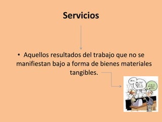 Servicios Aquellos resultados del trabajo que no se manifiestan bajo a forma de bienes materiales tangibles. 