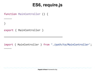 ES6, require.js
function	MainController	()	{	
……………	
			
}	
export	{	MainController	}	
—————————————————————————————————————	
import	{	MainController	}	from	‘./path/to/MainController';	
……………	
 