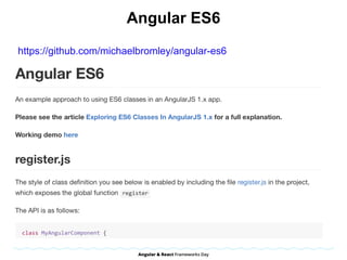 Angular ES6
https://github.com/michaelbromley/angular-es6
 