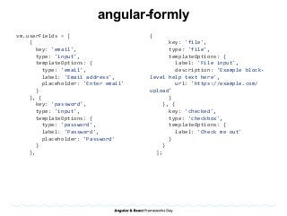 angular-formly
vm.userFields	=	[	
				{	
						key:	'email',	
						type:	'input',	
						templateOptions:	{	
								type:	'email',	
								label:	'Email	address',	
								placeholder:	'Enter	email'	
						}	
				},	{	
						key:	'password',	
						type:	'input',	
						templateOptions:	{	
								type:	'password',	
								label:	'Password',	
								placeholder:	'Password'	
						}	
				},		
{	
						key:	'file',	
						type:	'file',	
						templateOptions:	{	
								label:	'File	input',	
								description:	'Example	block-
level	help	text	here',	
								url:	'https://example.com/
upload'	
						}	
				},	{	
						key:	'checked',	
						type:	'checkbox',	
						templateOptions:	{	
								label:	'Check	me	out'	
						}	
				}	
		];
 