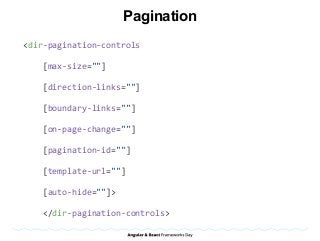 Pagination
<dir-pagination-controls	
				[max-size=""]	
				[direction-links=""]	
				[boundary-links=""]	
				[on-page-change=""]	
				[pagination-id=""]	
				[template-url=""]	
				[auto-hide=""]>	
				</dir-pagination-controls>	
 