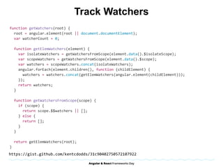 Track Watchers
function	getWatchers(root)	{	
		root	=	angular.element(root	||	document.documentElement);	
		var	watcherCount	=	0;	
		
		function	getElemWatchers(element)	{	
				var	isolateWatchers	=	getWatchersFromScope(element.data().$isolateScope);	
				var	scopeWatchers	=	getWatchersFromScope(element.data().$scope);	
				var	watchers	=	scopeWatchers.concat(isolateWatchers);	
				angular.forEach(element.children(),	function	(childElement)	{	
						watchers	=	watchers.concat(getElemWatchers(angular.element(childElement)));	
				});	
				return	watchers;	
		}	
			
		function	getWatchersFromScope(scope)	{	
				if	(scope)	{	
						return	scope.$$watchers	||	[];	
				}	else	{	
						return	[];	
				}	
		}	
		
		return	getElemWatchers(root);	
}	
https://gist.github.com/kentcdodds/31c90402750572107922
 