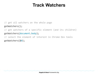 Track Watchers
//	get	all	watchers	on	the	whole	page	
getWatchers();	
//	get	watchers	of	a	specific	element	(and	its	children)	
getWatchers(document.body);	
//	select	the	element	of	interest	in	Chrome	Dev	tools	
getWatchers($0);	
 
