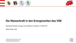 Die Wasserkraft in den Energiewelten des VSE
Wasserkraft Schweiz, Energie und Umweltforum, Winterthur, 8. März 2017
Stefan Muster, VSE
 