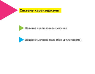 Систему характеризует




  Наличие «цели вовне» (миссия);



  Общее смысловое поле (бренд-платформа);
 