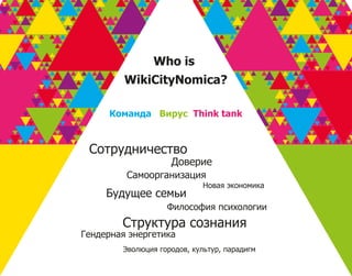 Who is
         WikiCityNomica?

     Команда Вирус Think tank


 Сотрудничество
                    Доверие
         Самоорганизация
                             Новая экономика
     Будущее семьи
                   Философия психологии
        Структура сознания
Гендерная энергетика
        Эволюция городов, культур, парадигм
 