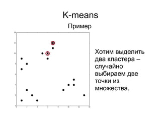 K-means
Пример
Хотим выделить
два кластера –
случайно
выбираем две
точки из
множества.
 
