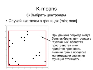 K-means
● Случайные точки в границах [min; max]
3) Выбрать центроиды
При данном подходе могут
быть выбраны центроиды в
“пустынных” областях
пространства и им
придётся проделать
лишний путь в процессе
минимизации значения
функции стоимости.
 