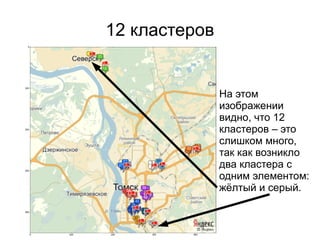 12 кластеров
На этом
изображении
видно, что 12
кластеров – это
слишком много,
так как возникло
два кластера с
одним элементом:
жёлтый и серый.
 