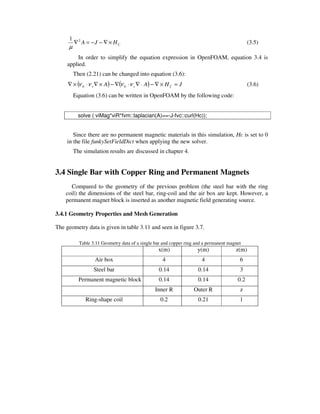 CHJA ×∇−−=∇21
µ
(3.5)
In order to simplify the equation expression in OpenFOAM, equation 3.4 is
applied.
Then (2.21) can be changed into equation (3.6):
( ) ( ) JHAA Crr =×∇−⋅∇⋅∇−×∇⋅×∇ νννν 00 (3.6)
Equation (3.6) can be written in OpenFOAM by the following code:
solve ( viMag*viR*fvm::laplacian(A)==-J-fvc::curl(Hc));
Since there are no permanent magnetic materials in this simulation, Hc is set to 0
in the file funkySetFieldDict when applying the new solver.
The simulation results are discussed in chapter 4.
3.4 Single Bar with Copper Ring and Permanent Magnets
Compared to the geometry of the previous problem (the steel bar with the ring
coil) the dimensions of the steel bar, ring-coil and the air box are kept. However, a
permanent magnet block is inserted as another magnetic field generating source.
3.4.1 Geometry Properties and Mesh Generation
The geometry data is given in table 3.11 and seen in figure 3.7.
Table 3.11 Geometry data of a single bar and copper ring and a permanent magnet
x(m) y(m) z(m)
Air box 4 4 6
Steel bar 0.14 0.14 3
Permanent magnetic block 0.14 0.14 0.2
Inner R Outer R z
Ring-shape coil 0.2 0.21 1
 