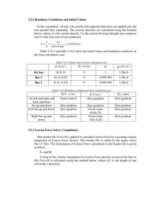 3.5.2 Boundary Conditions and Initial Values
In this simulation, 1A and -1A current with opposite directions are applied into the
two parallel bars separately. The current densities are calculated using the formula
below, where J is the current density, I is the current flowing through one conductor
and S is the total area of one conductor.
==
S
I
J 2
2
/25.6
4.04.0
1
mA
m
A
=
×
Table 3.14.1 and table 3.14.2 show the initial values and boundary conditions of
the force calculation case.
Table 3.14.1 Initial value for force calculation case
J( 2
/ mA ) )/( mAHc rµ )/( 2
0 ANµ
Air box (0, 0, 0) 0 1 1.26e-6
Bar 1 (0, 0, 6.25) 0 0.999 994 1.26e-6
Bar 2 (0, 0, -6.25) 0 0.999 994 1.26e-6
Table 3.14.2 Boundary condition for force calculation case
A( msV /⋅ ) J( 2
/ mA ) CH ( A/m)
Air left and right and
back and front
Fixed value 0 Zero gradient Zero gradient
Air up and down Zero gradient Zero gradient Zero gradient
Left bar up and down Zero gradient Fixed value
(0,0,6.25)
Zero gradient
Right bar up and
down
Zero gradient Fixed value
(0,0,-6.25)
Zero gradient
3.5.3 Lorenz Force Solver Compilation
One header file Force.H is applied to calculate Lorenz Force by executing volume
integration of Lorenz Force density. This header file is called by the major solver
file (.C file). The formulation of Lorenz Force calculation in the header file is given
as below:
F= Jtot^B
A loop of the volume integration for Lorenz Force density on one of the bars in
file Force.H is calculated using the method below, where dz1 is the length of one
cell in the z direction.
 