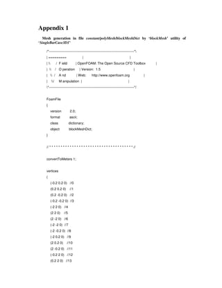 Appendix 1
Mesh generation in file constant/polyMesh/blockMeshDict by ‘blockMesh’ utility of
‘SingleBarCase3D1’
/*---------------------------------------------------------------------------*
| ========= | |
|  / F ield | OpenFOAM: The Open Source CFD Toolbox |
|  / O peration | Version: 1.5 |
|  / A nd | Web: http://www.openfoam.org |
| / M anipulation | |
*---------------------------------------------------------------------------*/
FoamFile
{
version 2.0;
format ascii;
class dictionary;
object blockMeshDict;
}
// * * * * * * * * * * * * * * * * * * * * * * * * * * * * * * * * * * * * * //
convertToMeters 1;
vertices
(
(-0.2 0.2 0) //0
(0.2 0.2 0) //1
(0.2 -0.2 0) //2
(-0.2 -0.2 0) //3
(-2 2 0) //4
(2 2 0) //5
(2 -2 0) //6
(-2 -2 0) //7
(-2 -0.2 0) //8
(-2 0.2 0) //9
(2 0.2 0) //10
(2 -0.2 0) //11
(-0.2 2 0) //12
(0.2 2 0) //13
 