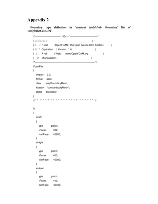 Appendix 2
Boundary type definition in ‘constant /polyMesh /boundary’ file of
‘SingleBarCase3D2’
/*--------------------------------*- C++ -*----------------------------------*
| ========= | |
|  / F ield | OpenFOAM: The Open Source CFD Toolbox |
|  / O peration | Version: 1.6 |
|  / A nd | Web: www.OpenFOAM.org |
| / M anipulation | |
*---------------------------------------------------------------------------*/
FoamFile
{
version 2.0;
format ascii;
class polyBoundaryMesh;
location "constant/polyMesh";
object boundary;
}
// * * * * * * * * * * * * * * * * * * * * * * * * * * * * * * * * * * * * * //
6
(
airleft
{
type patch;
nFaces 400;
startFace 45600;
}
airright
{
type patch;
nFaces 400;
startFace 46000;
}
airdown
{
type patch;
nFaces 400;
startFace 46400;
 