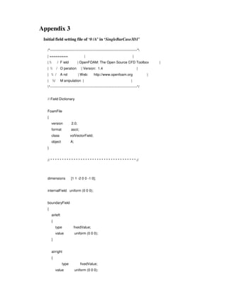 Appendix 3
Initial field setting file of ‘0 /A’ in ‘SingleBarCase3D1’
/*---------------------------------------------------------------------------*
| ========= | |
|  / F ield | OpenFOAM: The Open Source CFD Toolbox |
|  / O peration | Version: 1.4 |
|  / A nd | Web: http://www.openfoam.org |
| / M anipulation | |
*---------------------------------------------------------------------------*/
// Field Dictionary
FoamFile
{
version 2.0;
format ascii;
class volVectorField;
object A;
}
// * * * * * * * * * * * * * * * * * * * * * * * * * * * * * * * * * * * * * //
dimensions [1 1 -2 0 0 -1 0];
internalField uniform (0 0 0);
boundaryField
{
airleft
{
type fixedValue;
value uniform (0 0 0);
}
airright
{
type fixedValue;
value uniform (0 0 0);
 