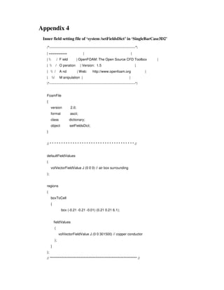 Appendix 4
Inner field setting file of ‘system /setFieldsDict’ in ‘SingleBarCase3D2’
/*---------------------------------------------------------------------------*
| ========= | |
|  / F ield | OpenFOAM: The Open Source CFD Toolbox |
|  / O peration | Version: 1.5 |
|  / A nd | Web: http://www.openfoam.org |
| / M anipulation | |
*---------------------------------------------------------------------------*/
FoamFile
{
version 2.0;
format ascii;
class dictionary;
object setFieldsDict;
}
// * * * * * * * * * * * * * * * * * * * * * * * * * * * * * * * * * * * * * //
defaultFieldValues
(
volVectorFieldValue J (0 0 0) // air box surrounding
);
regions
(
boxToCell
{
box (-0.21 -0.21 -0.01) (0.21 0.21 6.1);
fieldValues
(
volVectorFieldValue J (0 0 301500) // copper conductor
);
}
);
// ***************************************************************** //
 