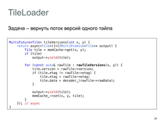 26 
TileLoader 
Задача – вернуть поток версий одного тайла 
MultiFuture<Tile> tileVersions(int x, y) {! 
return async<Tile>([=](MultiPromise<Tile>* output) {! 
Tile tile = memCache->get(x, y);! 
if (tile) ! 
output->yield(tile);! 
! 
for (const auto& rawTile : rawTileVersions(x, y)) {! 
tile.version = rawTile->version;! 
if (tile.etag != rawTile->etag) {! 
tile.etag = rawTile->etag;! 
tile.data = decoder_(rawTile->rawData);! 
}! 
! 
output->yield(tile);! 
memCache_->set(x, y, tile);! 
}! 
}); // async! 
}! 
 