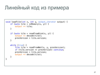 27 
Линейный код из примера 
void loadTile(int x, int y, output_iterator output) {! 
if (auto tile = inMemory(x, y)) {! 
output << tile;! 
}! 
! 
if (auto tile = readFromDisk(x, y)) {! 
output << decode(tile);! 
prevVersion = tile.version;! 
}! 
! 
while (true) {! 
Tile tile = readFromNet(x, y, prevVersion);! 
if (tile.version == prevVersion) continue;! 
prevVersion = tile.version;! 
output << decode(tile);! 
}! 
}! 
! 
 