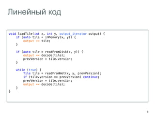 9 
Линейный код 
void loadTile(int x, int y, output_iterator output) {! 
if (auto tile = inMemory(x, y)) {! 
output << tile;! 
}! 
! 
if (auto tile = readFromDisk(x, y)) {! 
output << decode(tile);! 
prevVersion = tile.version;! 
}! 
! 
while (true) {! 
Tile tile = readFromNet(x, y, prevVersion);! 
if (tile.version == prevVersion) continue;! 
prevVersion = tile.version;! 
output << decode(tile);! 
}! 
}! 
! 
 