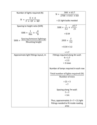 Number of lights required (N)
N =
E × A
F × UF × MF
N =
300 × 63.7
2700 × 0.43 × 0.8
= 21 light bulbs needed
Spacing to height ratio (SHR)
SHR =
1
Hm
× √
A
N
SHR =
Spacing between lightings
Mounting height
SHR =
1
3.2
× √
63.7
21
= 0.54
𝑆𝐻𝑅 =
𝑆
3.2
= 0.54 × 3.2
= 1.7
Approximate light fittings layout, m Fittings required along 4m wall:
4 ÷ 1.7
= 2.3
= 3 rows
Number of lamps required in each row
Total number of lights required (N)
Number of rows
= 21 ÷ 3
= 7
Spacing along 7m wall:
7 ÷ 7
= 1m
Thus, approximately 3 × 7 = 21 light
fittings needed to fit inside reading
area
 