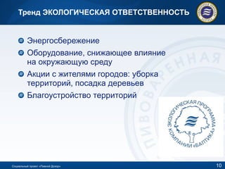Тренд ЭКОЛОГИЧЕСКАЯ ОТВЕТСТВЕННОСТЬ Энергосбережение Оборудование, снижающее влияние на окружающую среду Акции с жителями городов: уборка территорий, посадка деревьев Благоустройство территорий Социальный проект «Пивной Дозор» 