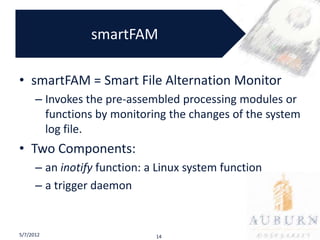 smartFAM

• smartFAM = Smart File Alternation Monitor
      – Invokes the pre-assembled processing modules or
        functions by monitoring the changes of the system
        log file.
• Two Components:
      – an inotify function: a Linux system function
      – a trigger daemon


5/7/2012                      14
 