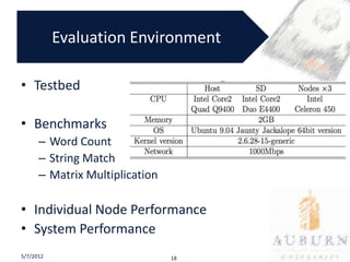 Evaluation Environment

• Testbed

• Benchmarks
      – Word Count
      – String Match
      – Matrix Multiplication

• Individual Node Performance
• System Performance
5/7/2012                        18
 