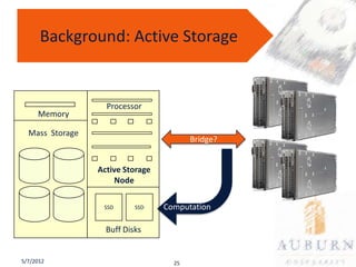 Background: Active Storage


                   Processor
     Memory

  Mass Storage
                                         Bridge?


                 Active Storage
                     Node

                  SSD      SSD    Computation

                   Buff Disks


5/7/2012                            25
 