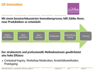 UX Innovation


Mit einem benutzerfokussierten Innovationsprozess hilft Zühlke Ihnen,
neue Produktideen zu entwickeln



      Problem-                                   Ideen                                 Ideen                                Entscheidungs-
                                                                                                 Detailanalyse                                  Visioning
    identifikation                             generieren                             bewerten                                  findung




Der strukturierte und professionelle Methodeneinsatz gewährleistet
eine hohe Effizienz
•      Contextual Inquiry, Workshop-Moderation, Kreativitätsmethoden,
       Prototyping
Zühlke Usability Engineering | Dr. Thomas Memmel, Dr. Thorsten Büring, Philippe Arm                    20. September 2011      Folie 17      © Zühlke 2011
 