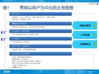 内部公开▲

做！        贯彻以用户为中心的主导思想
     两个深入
     •鼓励部长、科长、开发经理、系统工程师多出差，了解用户情况
     •深度访谈、绩效测试、蹲点。。。

     现场快速原型技术
                                     实践出真知
     •解决需求沟通效率低下、信息易扭曲变形的问题

     首发版本，研发到场
     •第一时间倾听用户呼声，获得用户反馈              小步快跑
     主动巡检
     •主动发现问题、挖掘需求
                                     占领制高点
     迭代开发、分批交付
     •解决用户响应、交付速度慢的问题

     在更高层次考虑问题
     •全面、深刻地理解和把握用户
     •标准的研究、参与能力；
     •网管、网元接口制定的全局分析、控制能力。
     •成立了两个技术小组推动上述目标的达成：
      •标准与专利技术小组
      •MIB制定小组
 