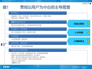 内部公开▲

做！          贯彻以用户为中心的主导思想
     两个深入
     •鼓励部长、科长、开发经理、系统工程师多出差，了解用户情况
     •深度访谈、绩效测试、蹲点。。。

     现场快速原型技术
                                     实践出真知
     •解决需求沟通效率低下、信息易扭曲变形的问题

     首发版本，研发到场
     •第一时间倾听用户呼声，获得用户反馈              小步快跑
     主动巡检
     •主动发现问题、挖掘需求
                                     占领制高点
     迭代开发、分批交付
     •解决用户响应、交付速度慢的问题

     在更高层次考虑问题
     •对于用户、对于业务、对场景要有全面、深刻地理解和把握
     •系统人员必须具备业务标准的研究、参与能力；
     •网管、网元接口的制定也必须有全局的分析、控制能力。
     •成立了两个技术小组策应、推动上述目标的达成：
      •标准与专利技术小组
      •MIB制定小组
 