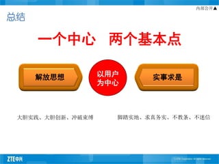 内部公开▲

总结

     一个中心 两个基本点

     解放思想         以用户     实事求是
                  为中心



 大胆实践、大胆创新、冲破束缚     脚踏实地、求真务实、不教条、不迷信
 